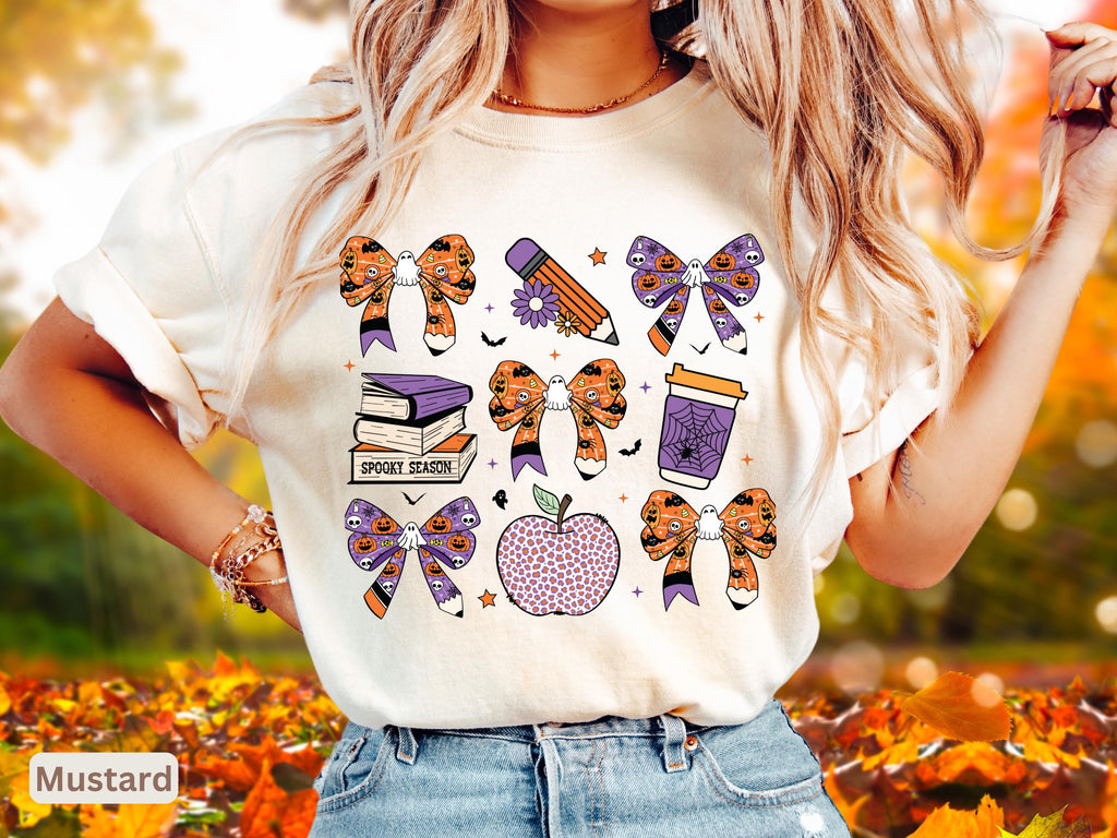 Comfort Colors Teacher Halloween Spooky Bow Unisex T-shirt, Sweatshirt, Hoodie (1)