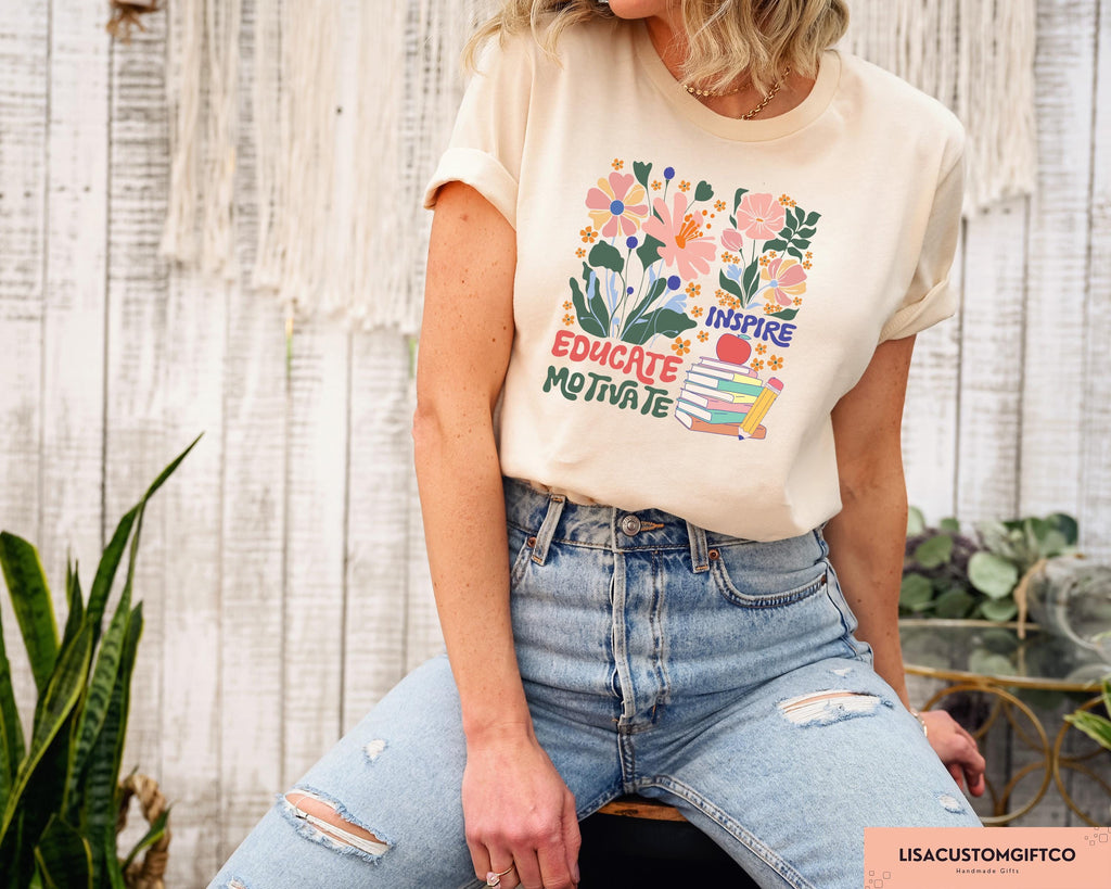Boho Floral Teacher Sublimation Back School School Inspire Educate Motivate Retro Teacher (2)