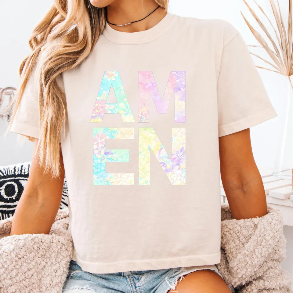 AMEN Pastel Floral Boxy Tee, Cute Christian Graphic Tee
