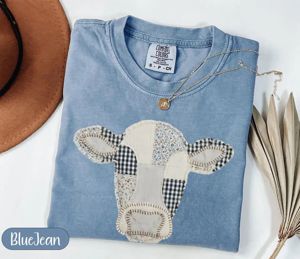 Faux Patchwork Cow T-Shirt, Quilted Farm Animal Head Tee