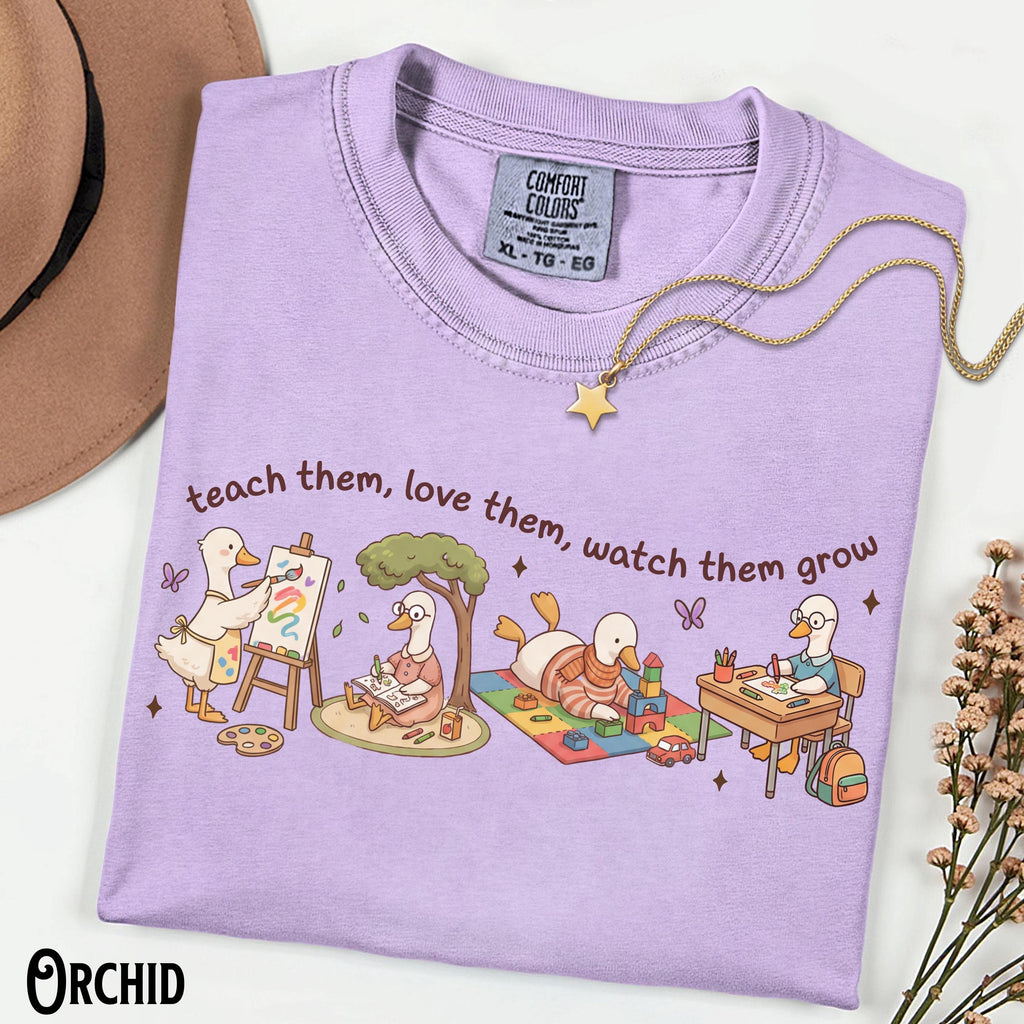 Preschool Pre-K Kindergarten First Grade Teacher Comfort Colors Tee Goose Teach Love Watch Grow (3)