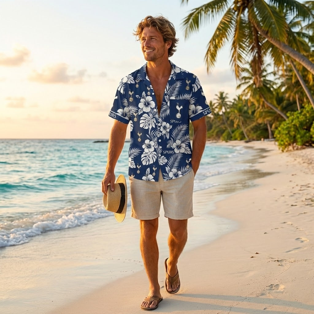 Tottenham Hotspur Hawaiian Shirt – Navy Blue Tropical Floral Fan Apparel