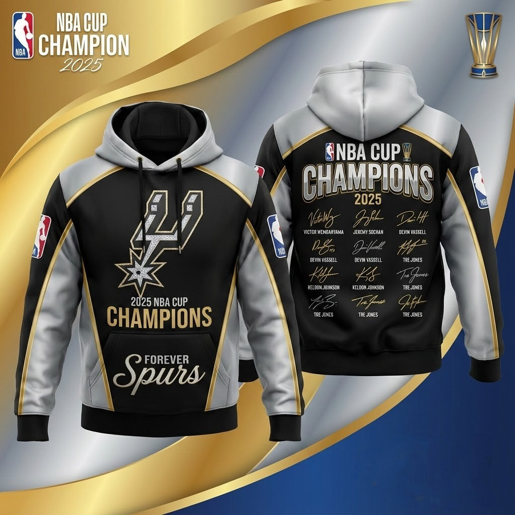 San Antonio Spurs 2025 NBA Cup Champions Hoodie – 3D All Over Print Apparel with Player Signatures