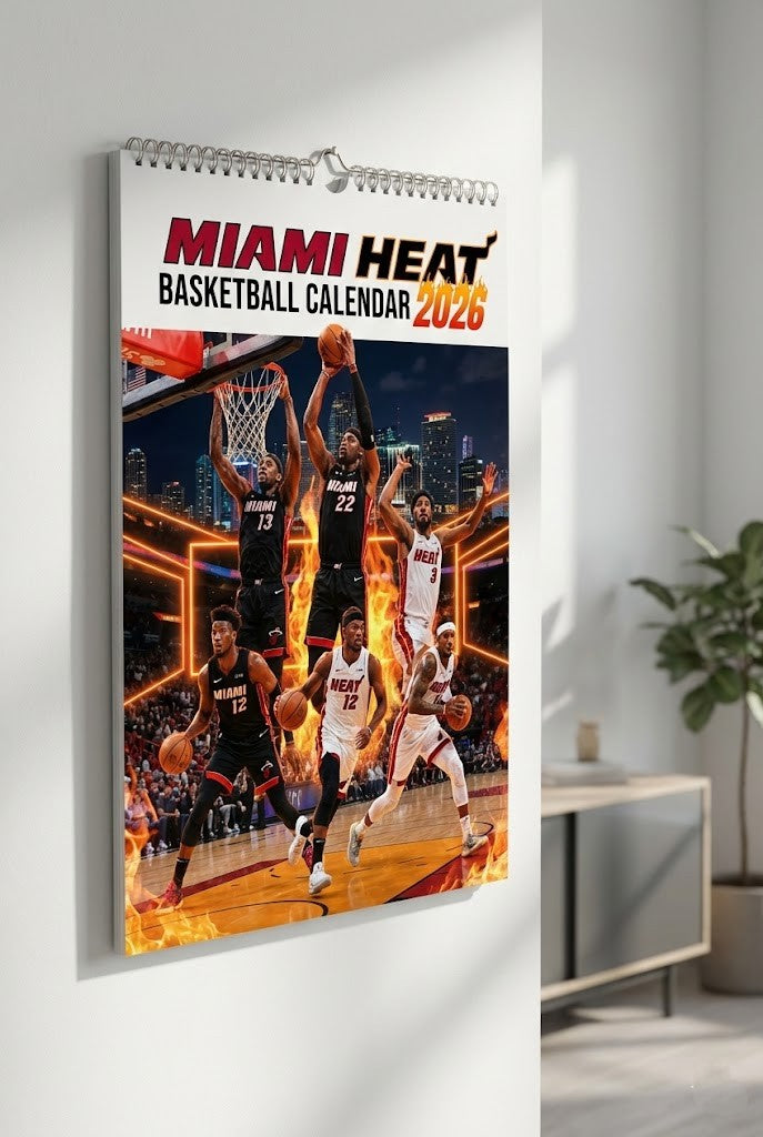 Miami Heat Basketball Calendar 2026 – Spiral-Bound Wall Hanging with Dynamic Player Action Collage