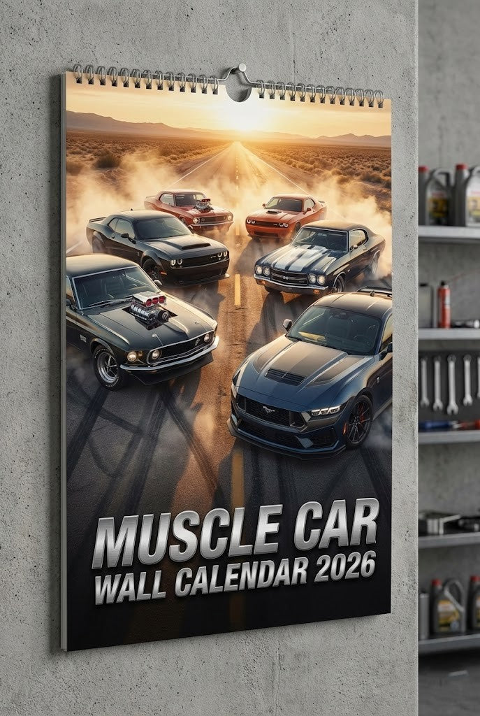 Muscle Car Wall Calendar 2026 – Spiral-Bound 12-Month Planner with Classic & Modern Cars, 3D Metallic Text Effect
