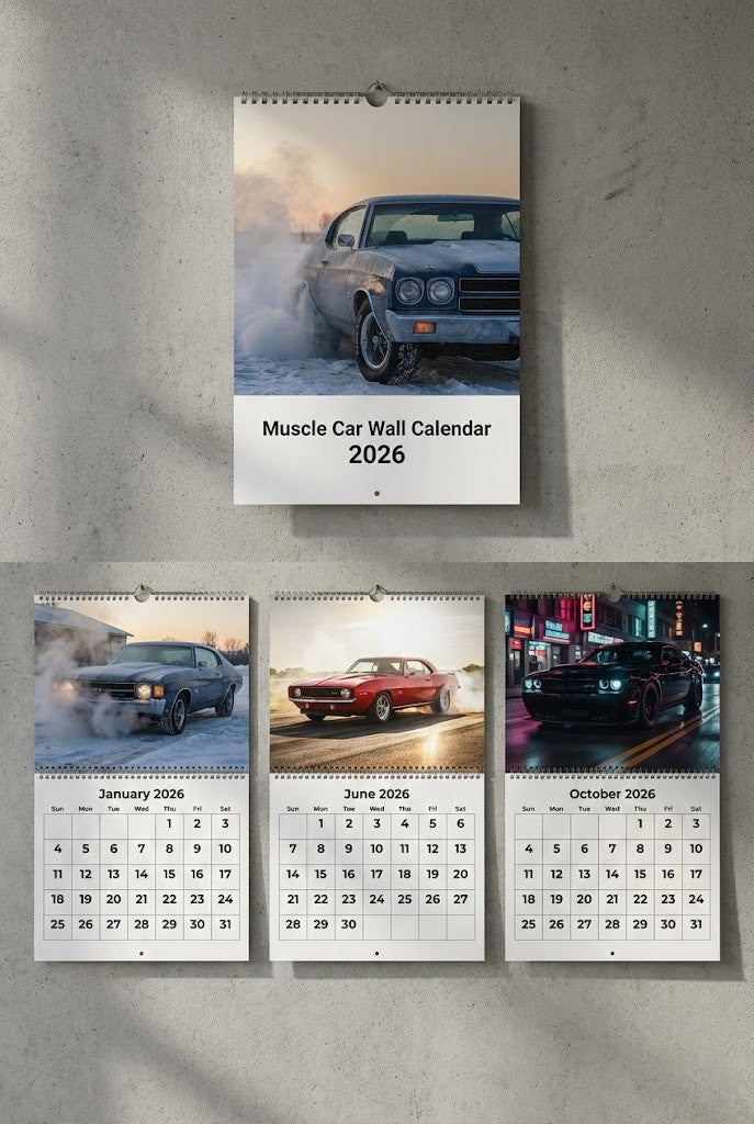 Muscle Car Wall Calendar 2026 – Spiral-Bound 12-Month Planner with Classic & Modern Cars, 3D Metallic Text Effect