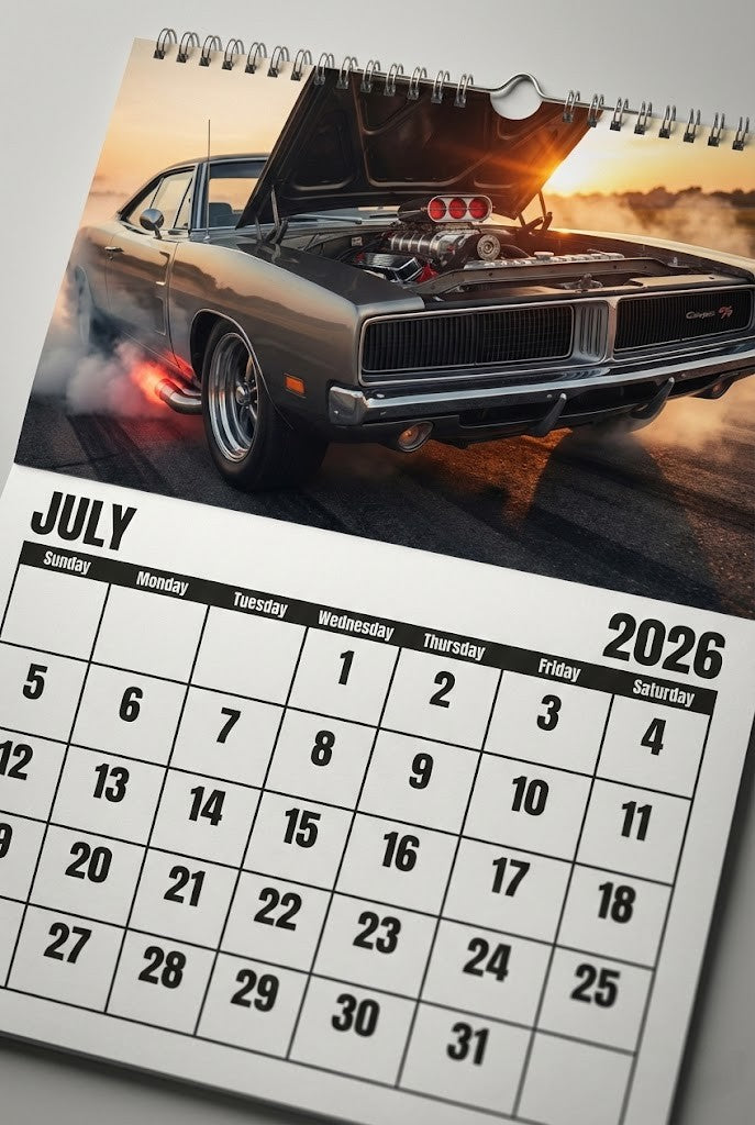 Muscle Car Wall Calendar 2026 – Spiral-Bound 12-Month Planner with Classic & Modern Cars, 3D Metallic Text Effect
