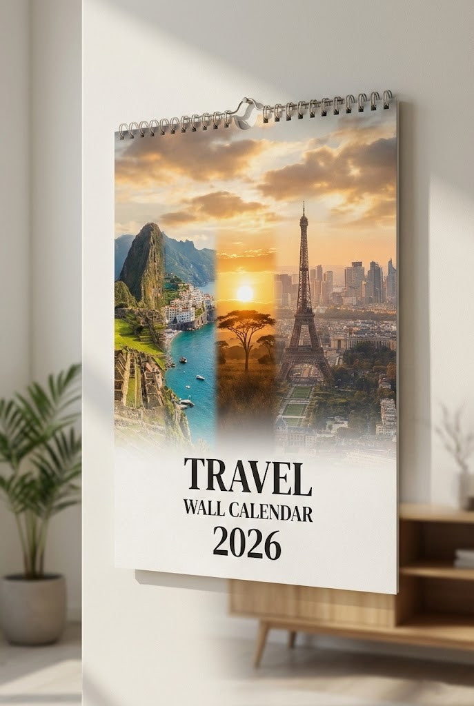 Travel Wall Calendar 2026 – Spiral Bound Monthly Planner with Photographic Collage of World Landmarks