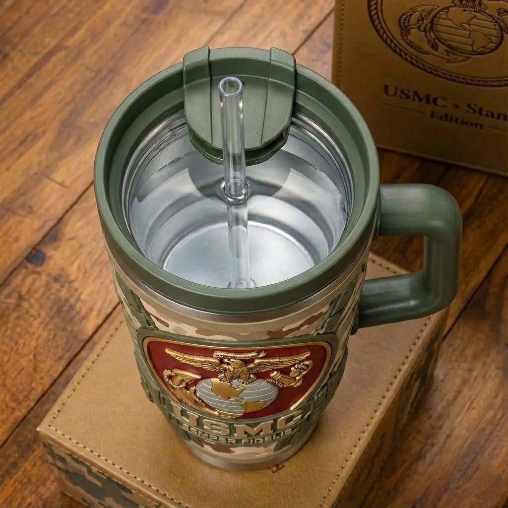 USMC Stanley Tumbler – 3D Eagle Globe and Anchor Emblem Camo Tumbler Cup