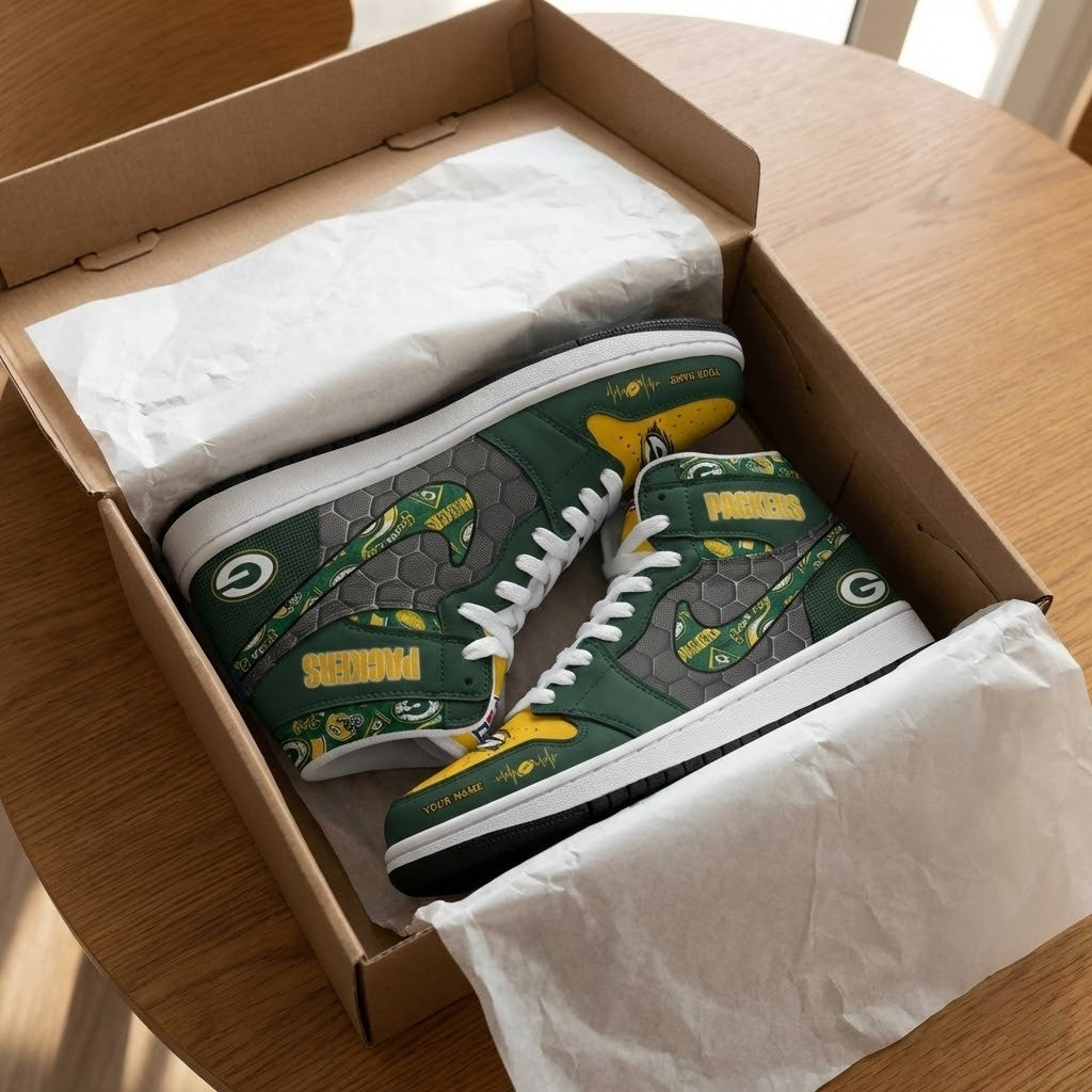 Green Bay Packers Personalized Name Heartbeat High Top Shoes