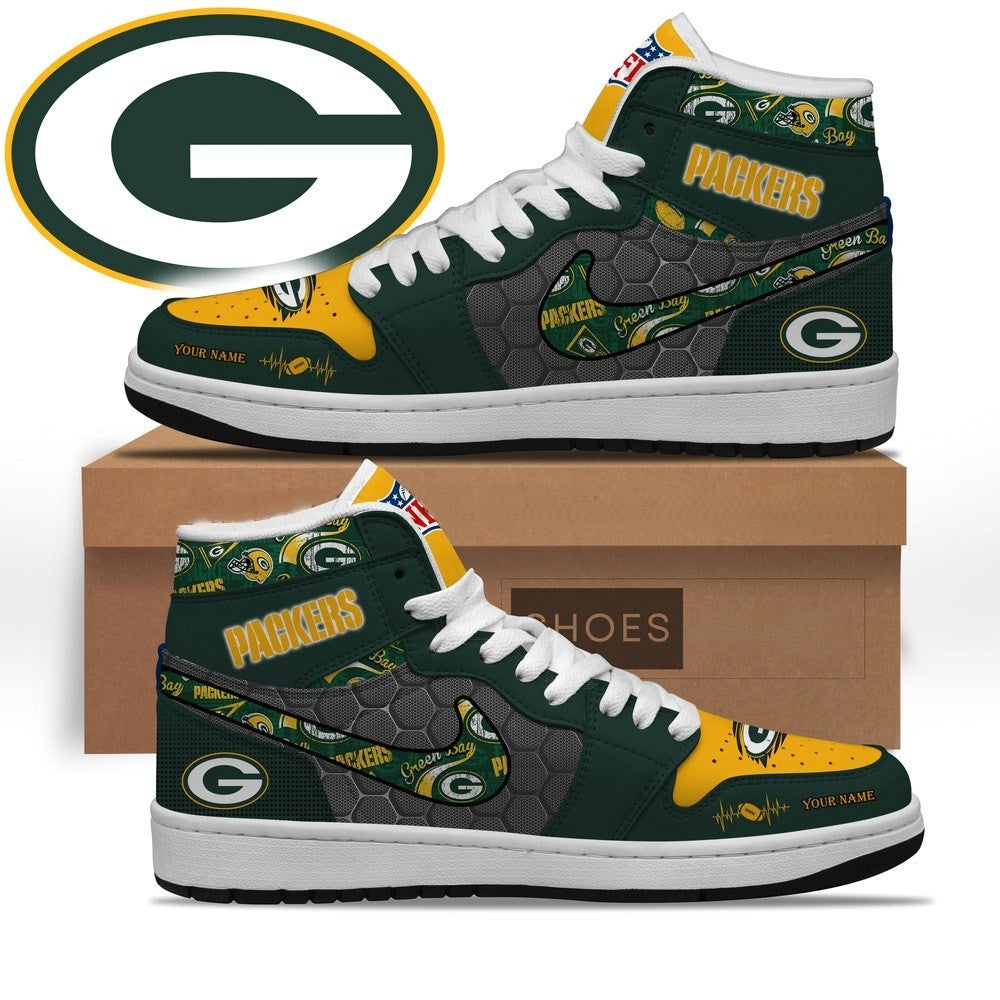 Green Bay Packers Personalized Name Heartbeat High Top Shoes