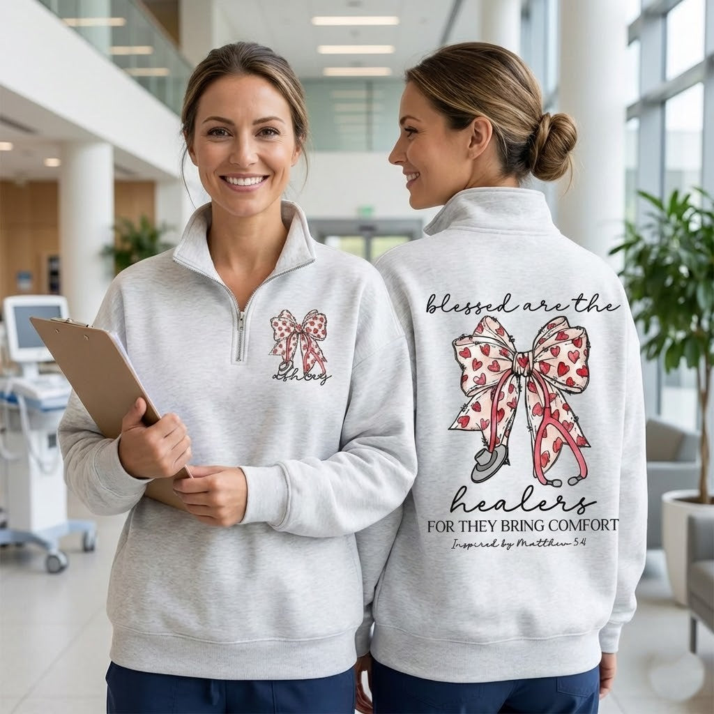 Personalized Nurse Blessed Are The Healers Stethoscope Heart Bow Quarter Zip Sweatshirt