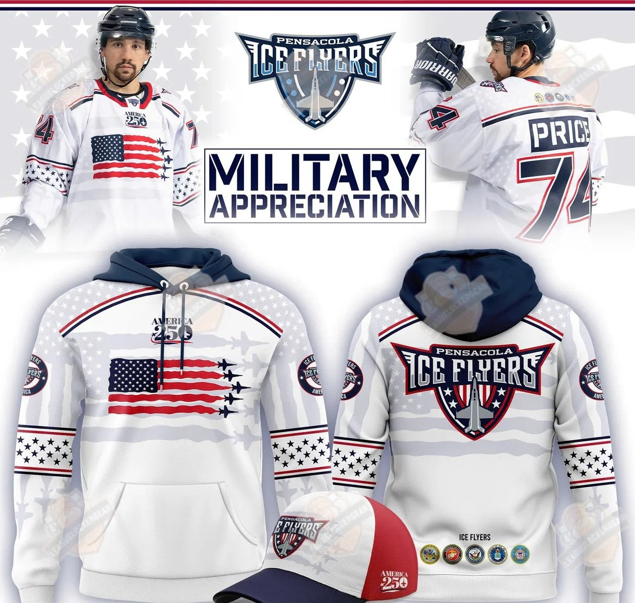 Pensacola Ice Flyers Military Appreciation America 250 Hoodie