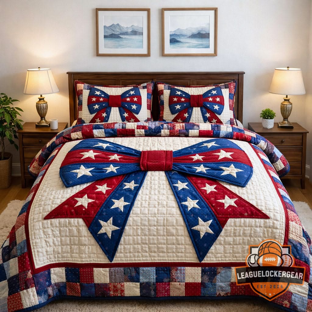 USA Patriotic Big Bow Patchwork Quilt Bedding Set