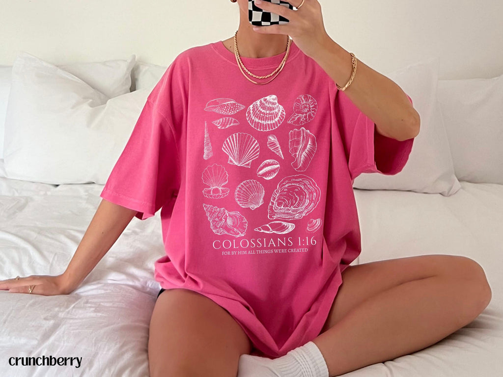 Seashell Bible Verse Ocean Life Coastal Faith Comfort Colors Oversized Beach Tee Baptism Teen Girl (4)