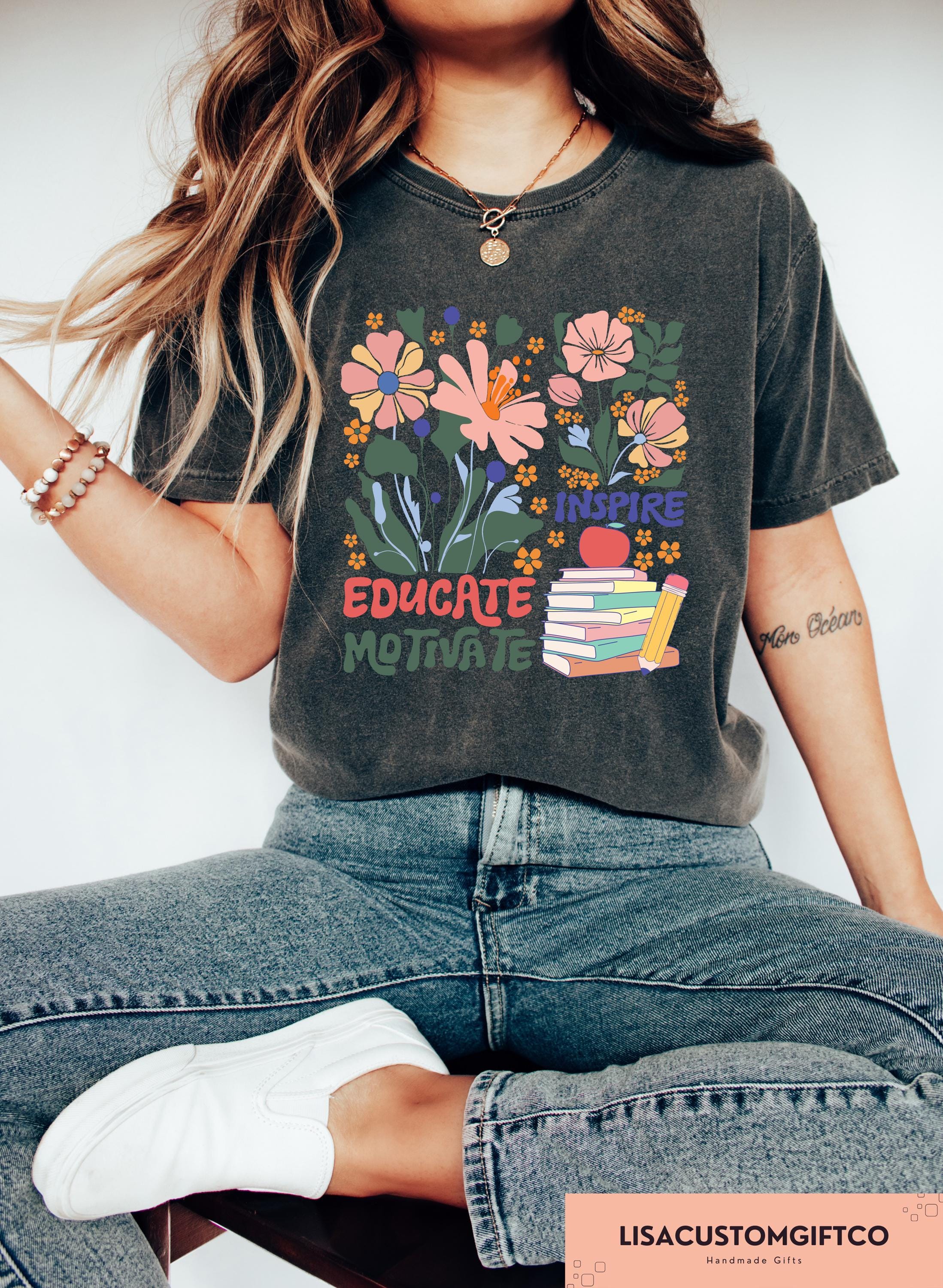 Boho Floral Teacher Sublimation Back School School Inspire Educate Motivate Retro Teacher (4)