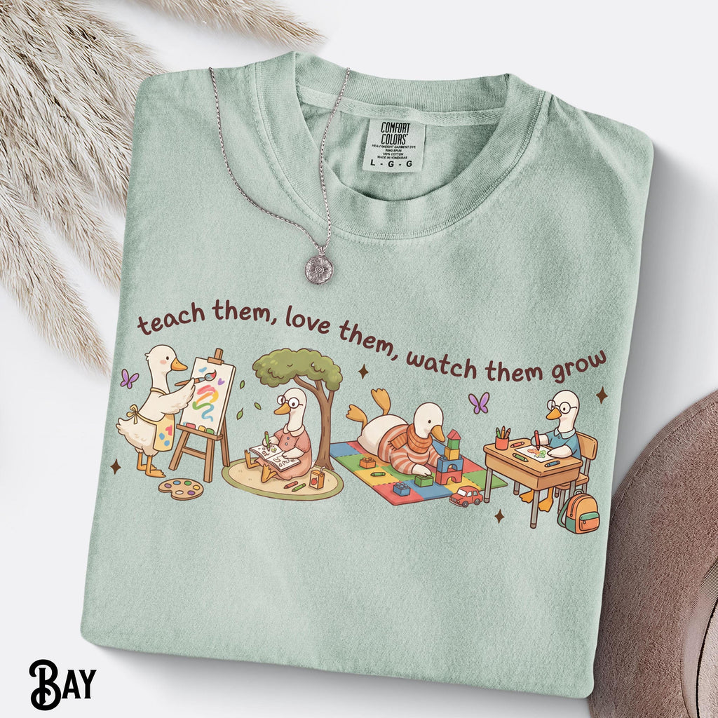 Preschool Pre-K Kindergarten First Grade Teacher Comfort Colors Tee Goose Teach Love Watch Grow (4)