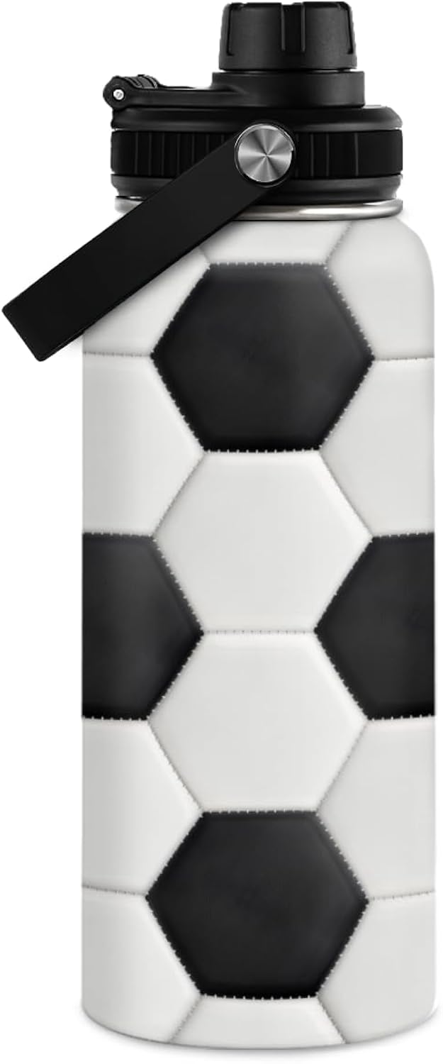 Soccer Water Bottle with Lid - 32oz Insulated Stainless Steel Sport Bottles - Men Soccer Player Fan Coach