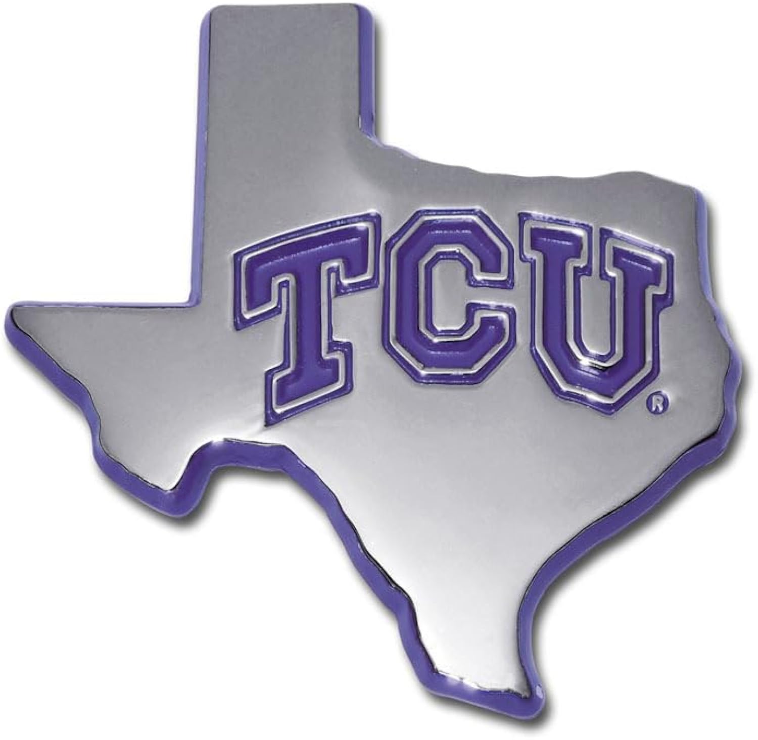 TCU Texas Shaped with Purple Trim Metal Auto Emblem