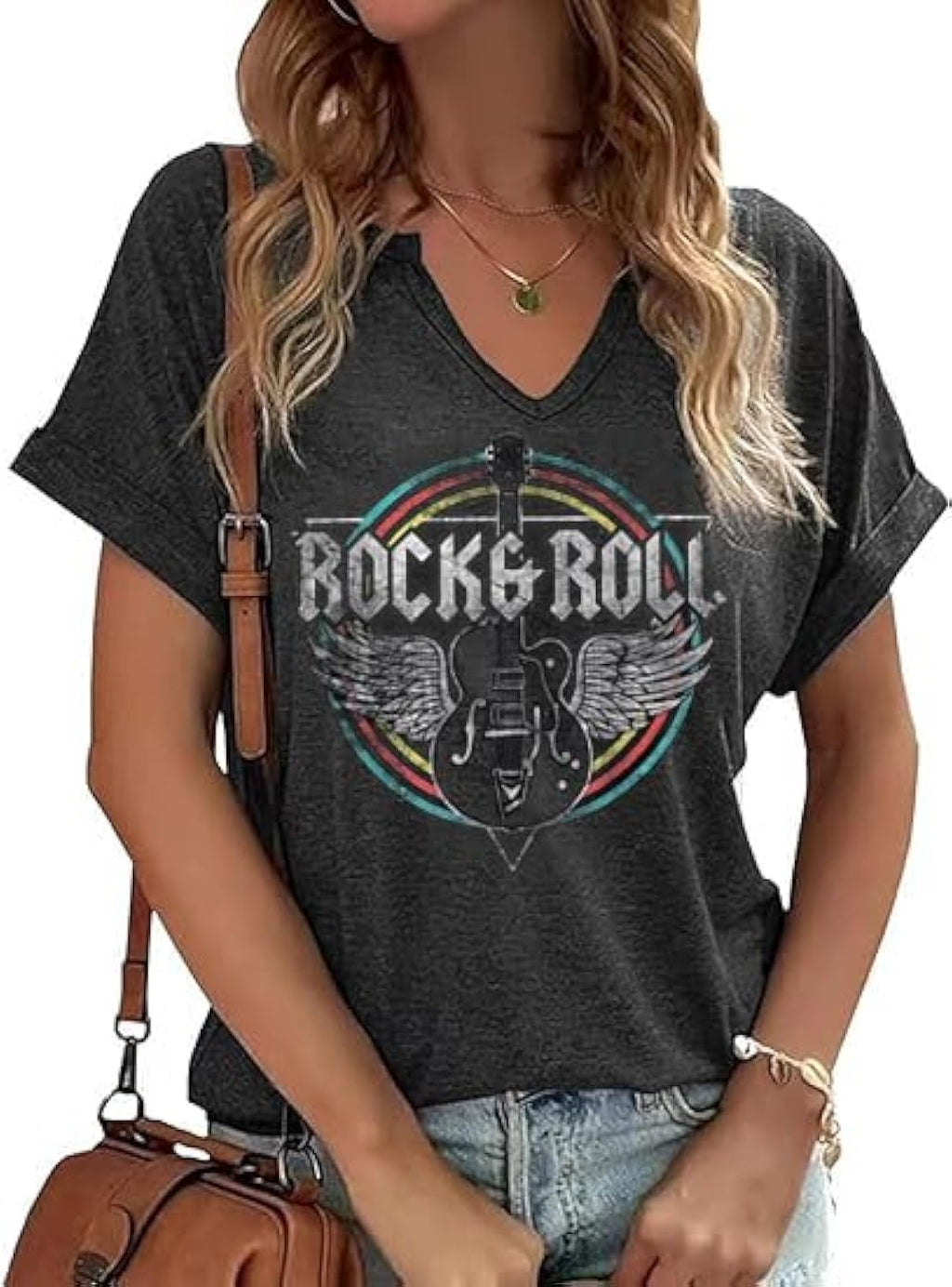 Women Vintage V Neck Shirts Rock and Roll Music Guitar Graphic T Shirt Country Music Tops Teacher Tee