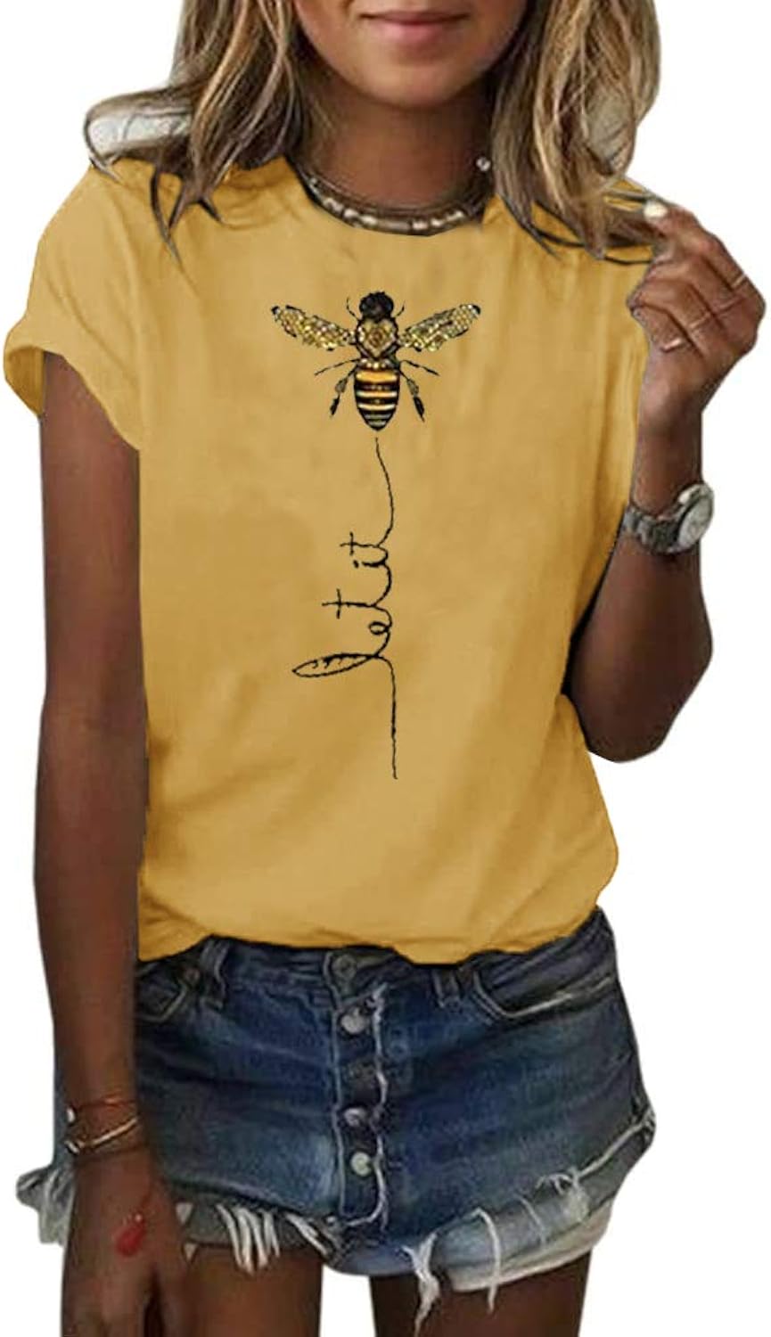 Womens Cute Bee Graphic Tee Shirts Short Sleeve Let It Bee Funny Letter Print Summer T-Shirt Tops