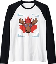 Cool Canadian Moose with Maple Leaf Sunglasses Funny Art Raglan Baseball Tee