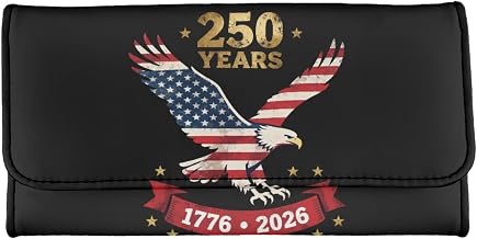 Bald Eagle Three Fold Coin Purse for Women 250 Year American Anniversary Flag Large Long Slim Card Holder Tri-fold Clutch Zipper Pocket with ID Card Transparent Slot