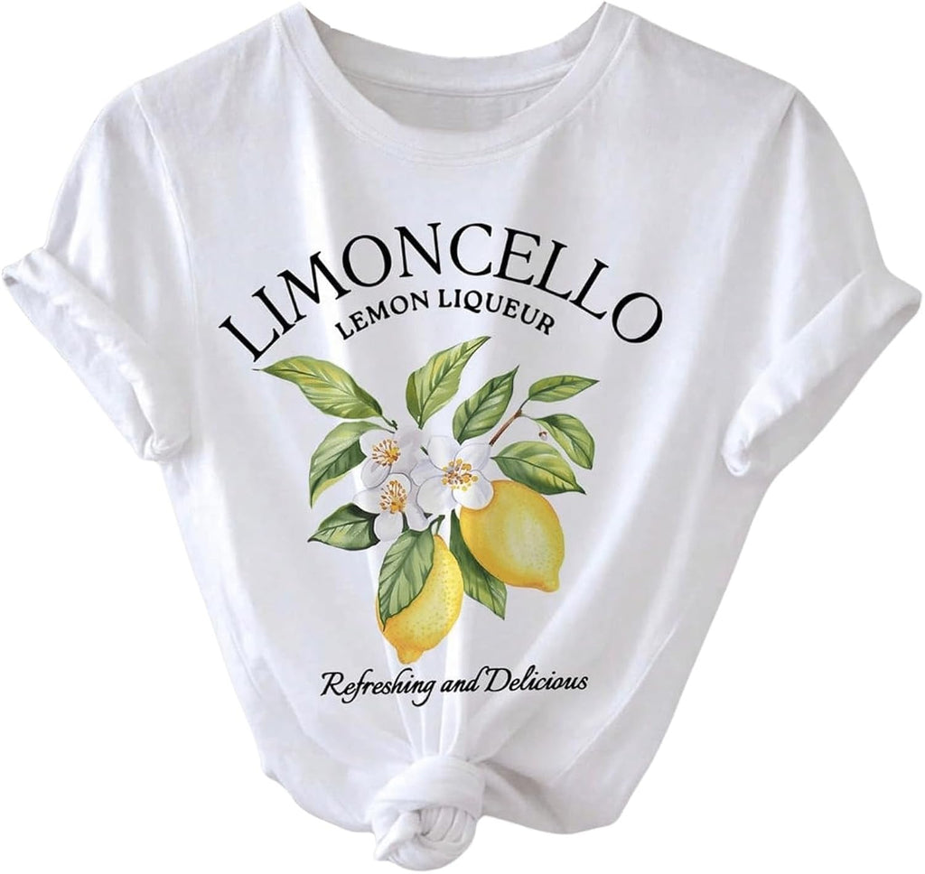 Women's Lemon Shirts Letter Fruit Printed Graphic Tees Short Sleeve Casual T-Shirt