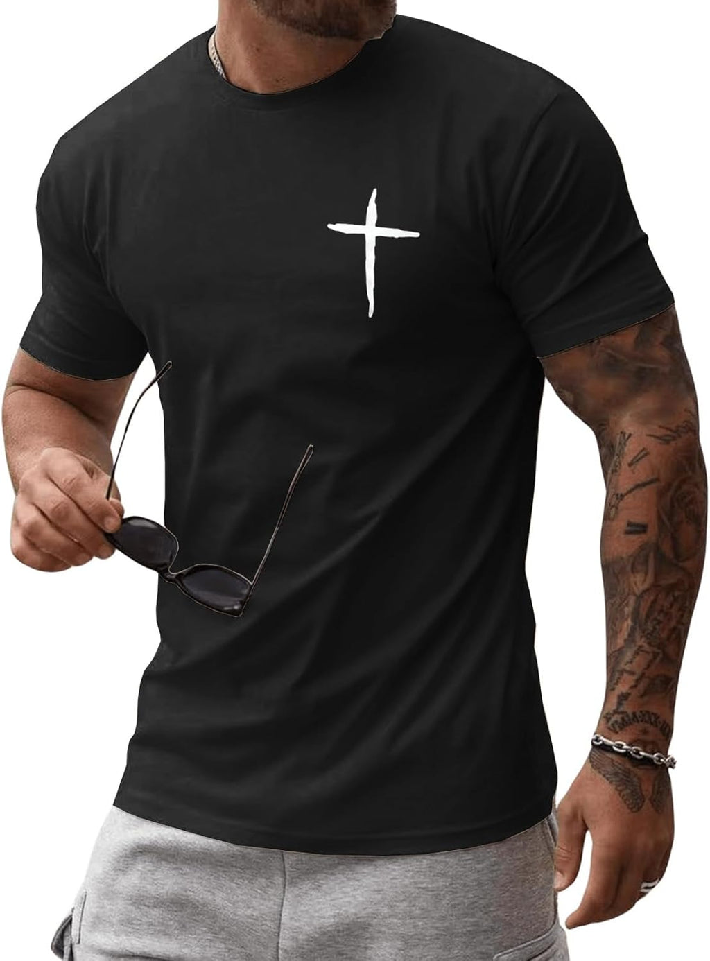 Mens Short Sleeve Cotton T-Shirts Crew Neck Jesus Cross Printed Shirts Faith Christ Shirts