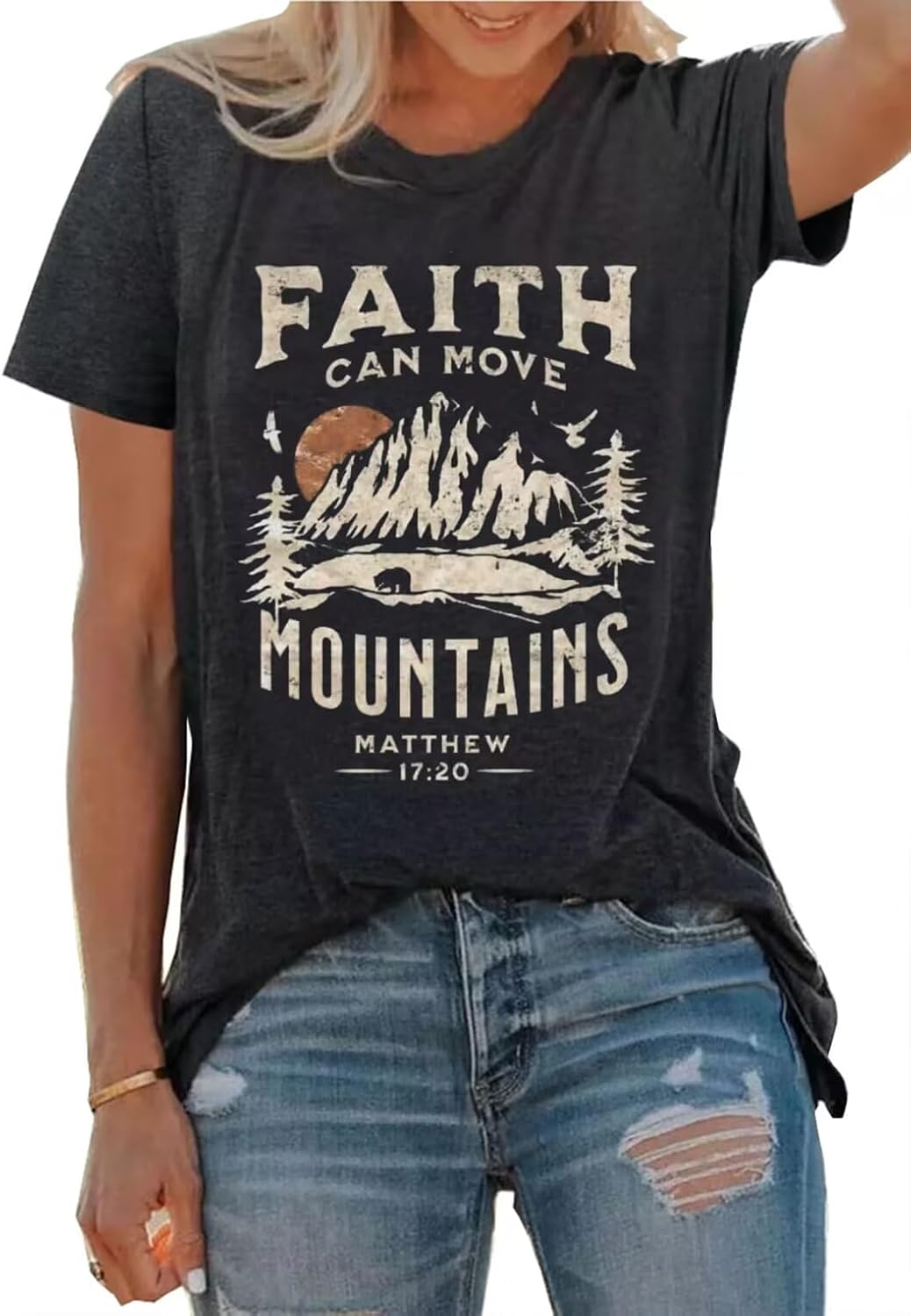 Sun and Mountain Shirt for Women Camping Hiking Shirt Sunrise Pine Tree Graphic Tees Nature Casual Short Sleeve Shirt
