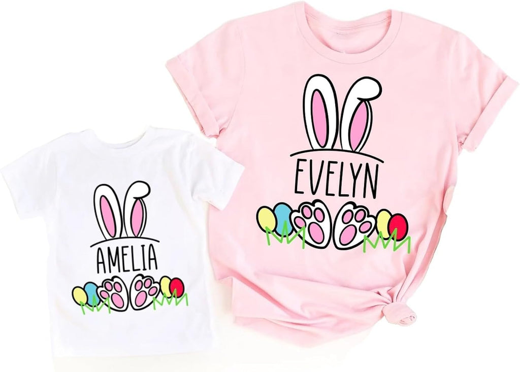 Customized Rabbit T-Shirts, Personalized Bunny Easter Shirts For Mom and Kids, Baby, Pastel Easter Eggs Print Graphic Tee For Children, Toddler Tops, Casual Short Sleeve Tees, Family Easter Matching