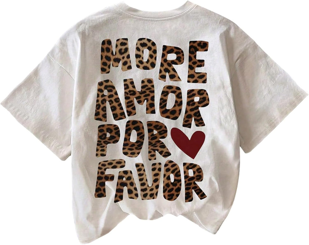 Women's Leopard Letter Graphic Tees Cute Heart Cheetah Shirt Vintage Aesthetic Summer Y2k Tops