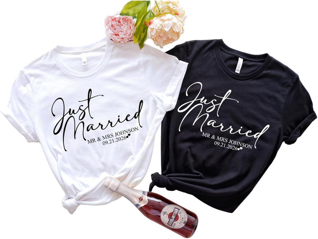 Just Married Shirts with Custom Name and Date Matching Couples Shirts Personalized Mr and Mrs T Shirt for Bride Groom Honeymoon Tees Wedding Gifts 2026 Multicolor