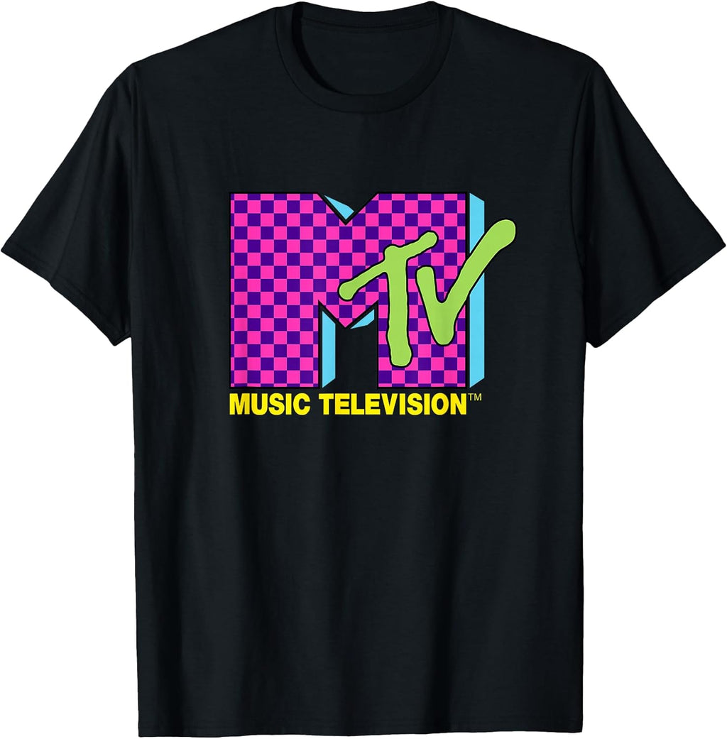 Music Television Retro 80's Neon Pink Checkerboard Logo T-Shirt