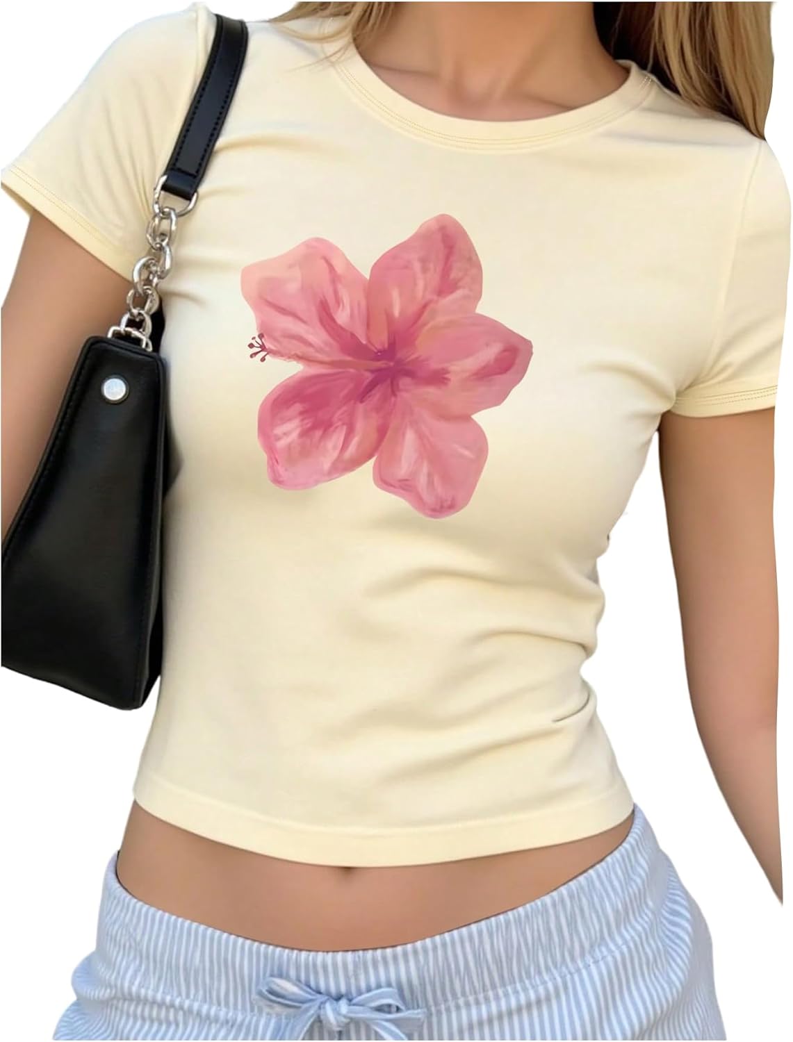 Floral Graphic Crop Tops for Girls Short Sleeve Slim fit Preppy Summer T Shirt Y2k Tops Trendy