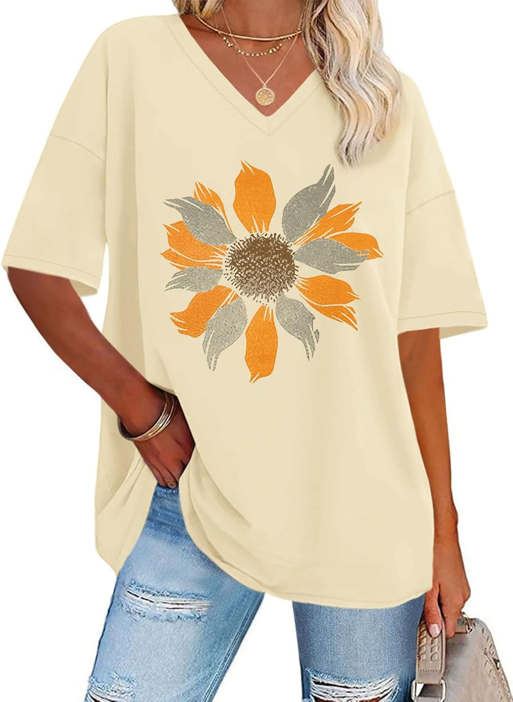 Oversized Tshirts for Women V Neck Summer Graphic Tees Casual Short Sleeve Loose Tops
