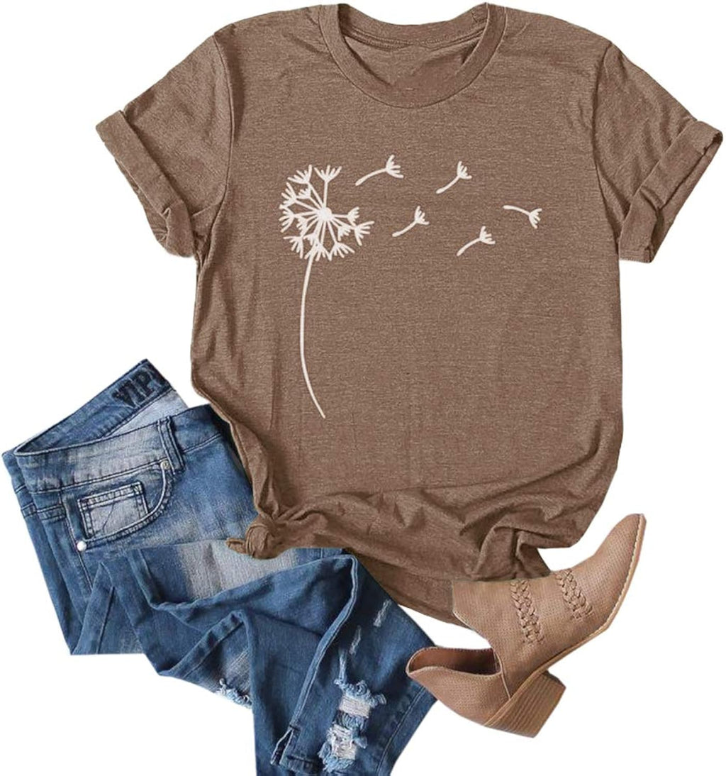 Women's Dandelion Print T Shirts Cute Graphic Tees Short Sleeve Summer Cotton Tee Tops