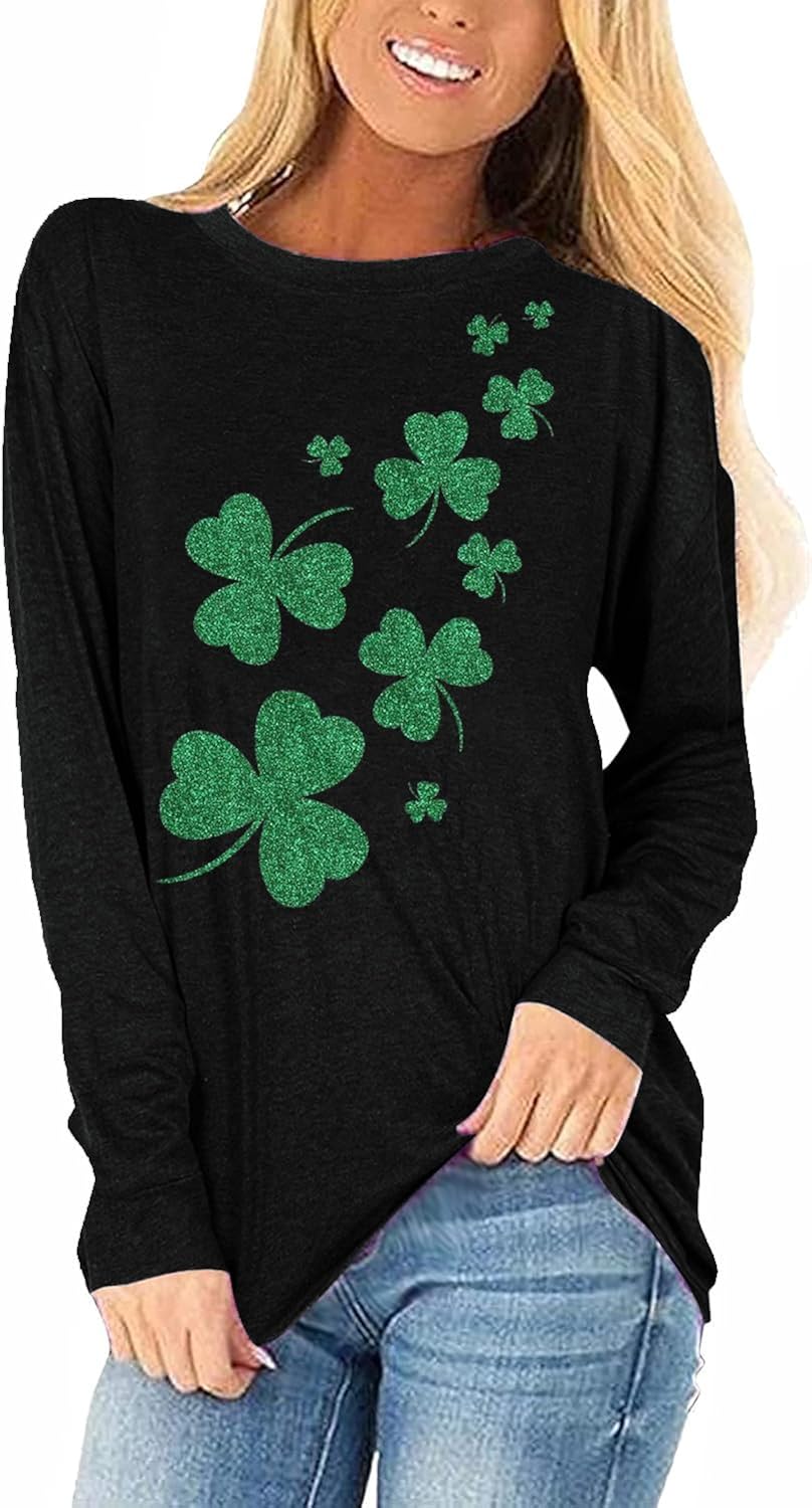 Womens St Patrick's Day Shirts Long Sleeve Heart Lucky Clover T-Shirts Crewneck Leopard Plaid Shamrock Tee Shirts Tops