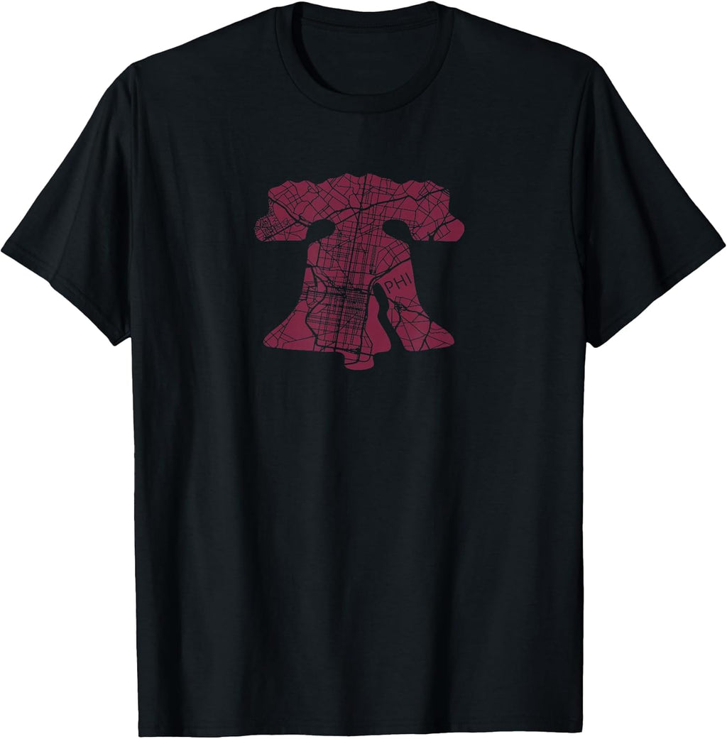 Philadelphia Street Map Liberty Bell Vintage Maroon Philly T-Shirt