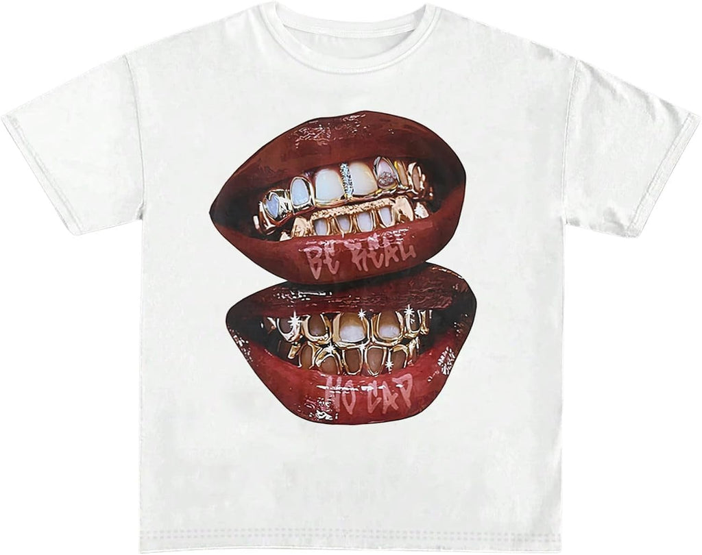 Women's Lips Print Graphic Tees Short Sleeve Y2k Tops T Shirts 2000s Clothing Streetwear