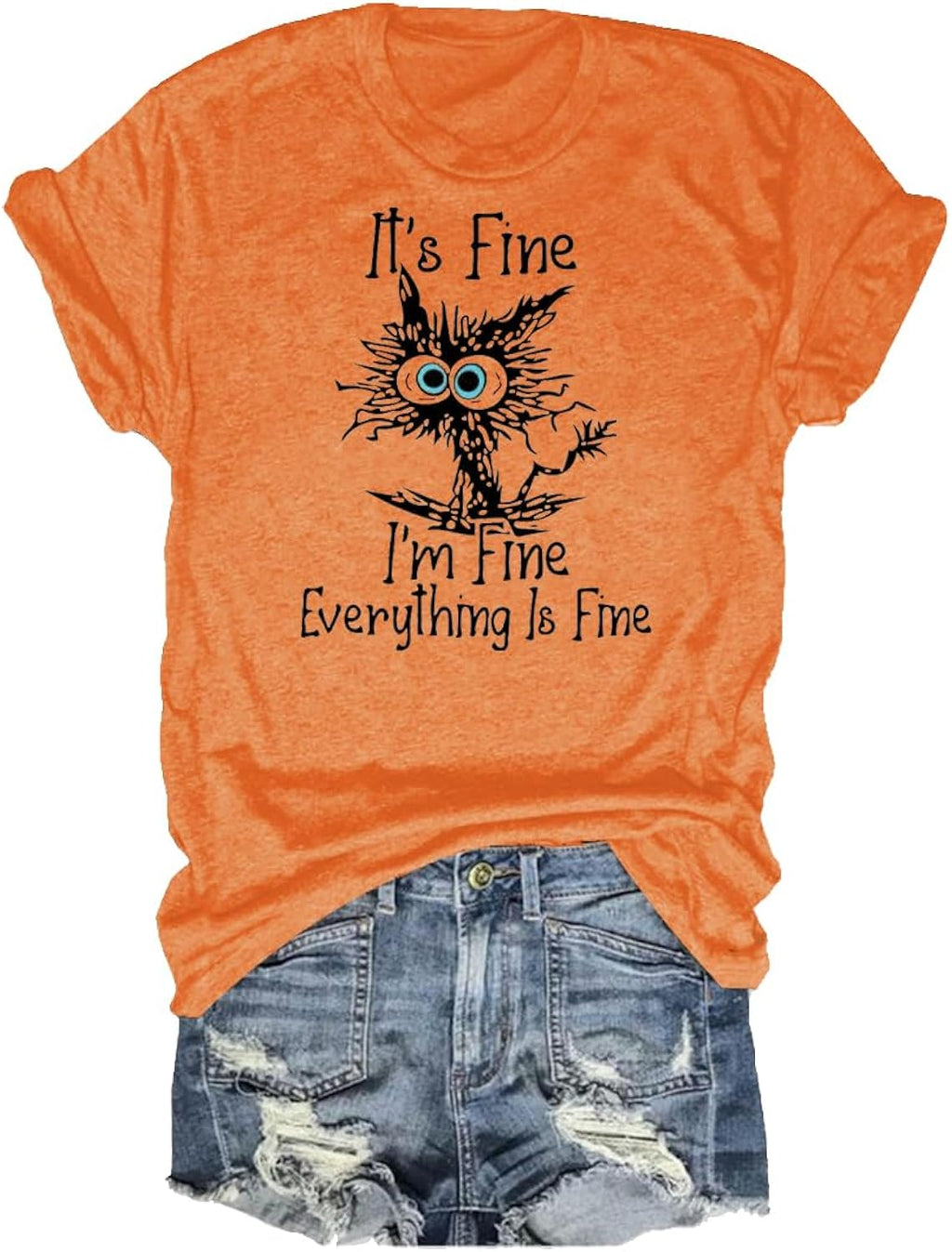 Women's I'm Fine Everything is Fine T-Shirts Short Sleeve Sayings Loose Fit Casual Cute Cat Graphic Tee Blouse Tops