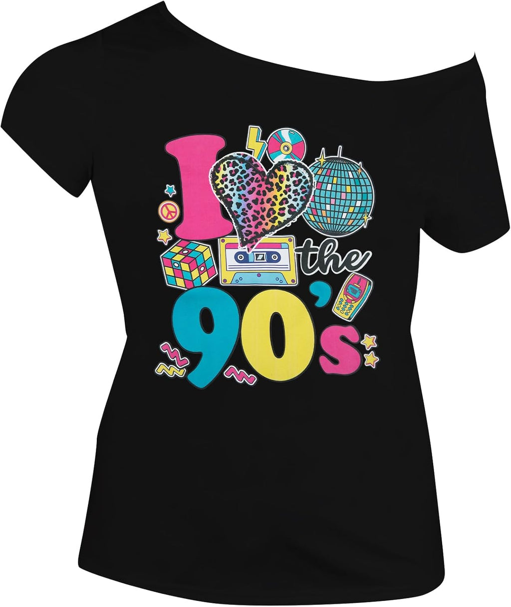 90s Outfit for Women 90's Theme Party Disco Shirt Vintage 80s Neon Off Shoulder Shirts Retro 90s Tops
