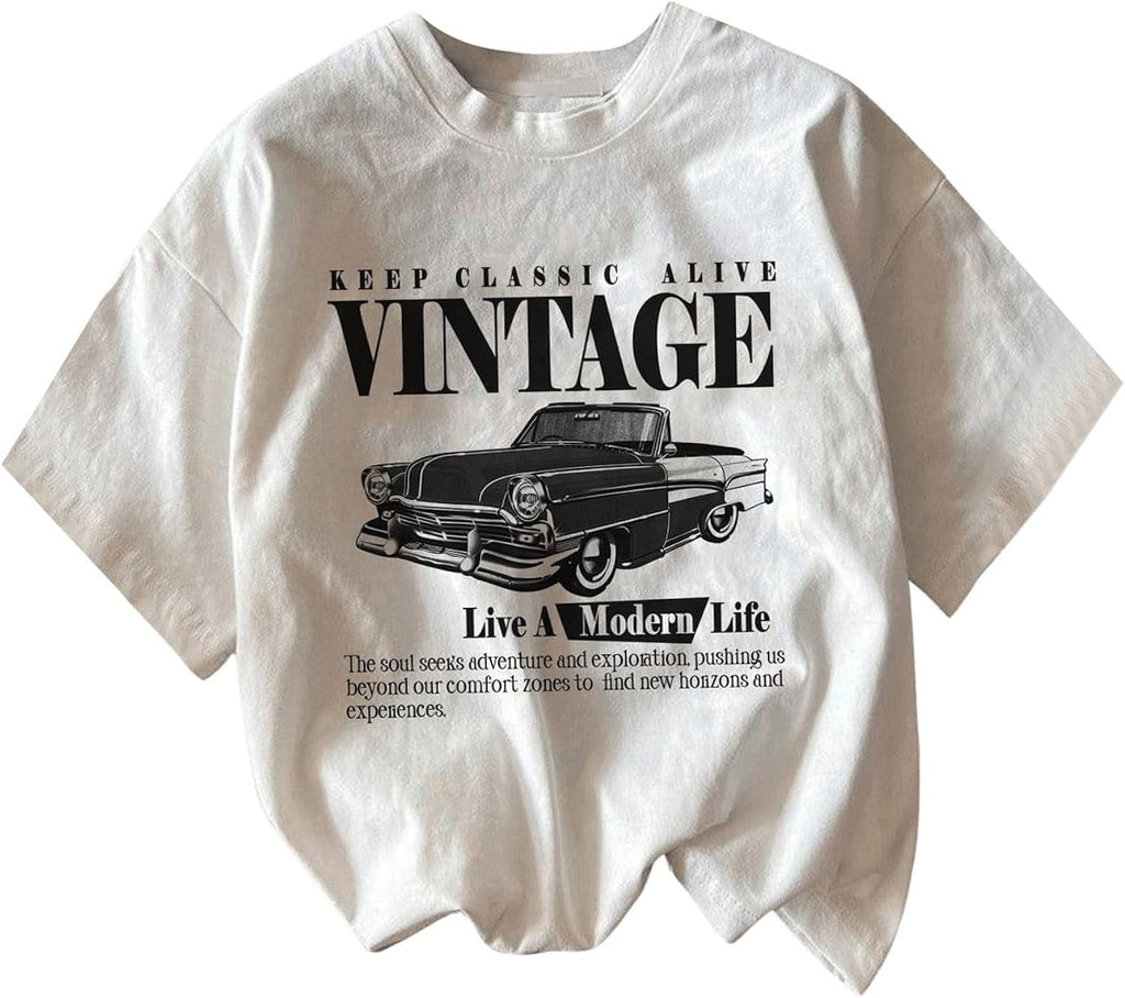 Women's Graphic Letter Tee Crew Neck Drop Shoulder Trendy Summer T Shirt Short Sleeve Vintage Car Print Top