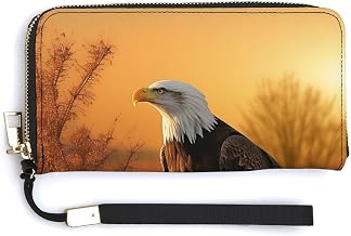 Golden Sunset Bald Eagle Purse Leather Wallet Credit Card Holder | Money Wallet for Men and Women with Zipper Pocket in Gift Box Small Wallets for Earphones Keys Cards Cash