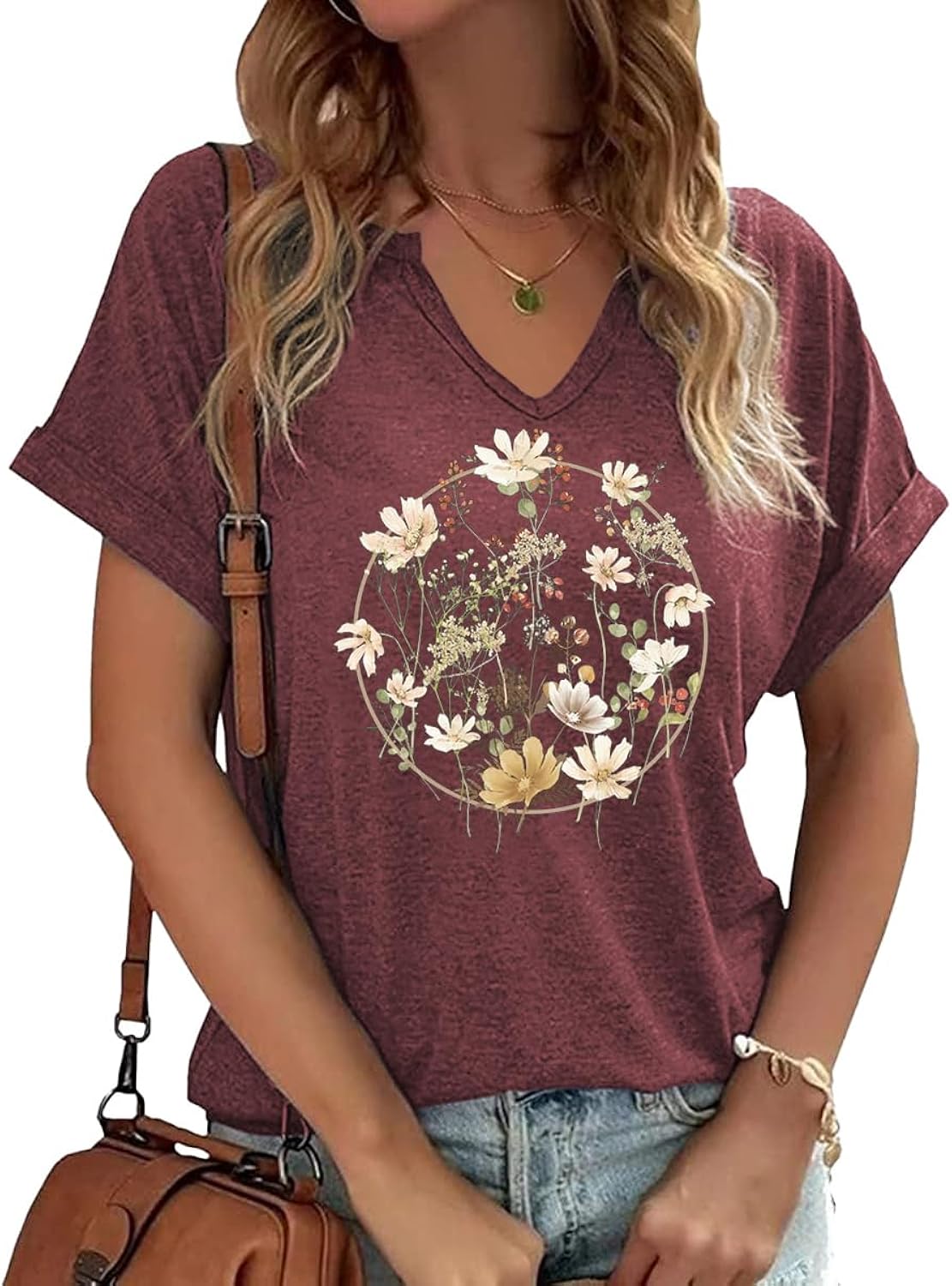 Womens Vintage Flowers V Neck Shirt Boho Floral Wildflowers Graphic Tee Casual Cottagecore Short Sleeve T Shirt