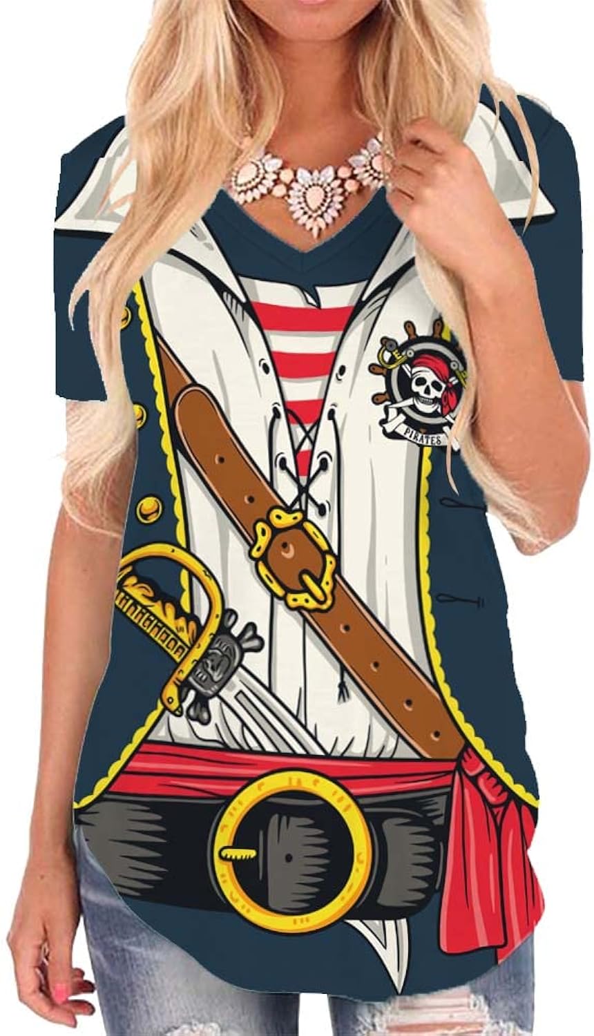 Pirate Shirt Costume Women V Neck Funny 3D Print Graphics Novelty Clothing