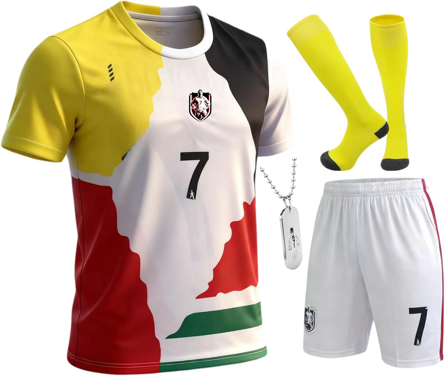 Kids Soccer Jersey Boys Youth Uniform Set - 4pc Soccer Kit with Jersey, Shorts, Socks & #7 Necklace for Ages 6-14