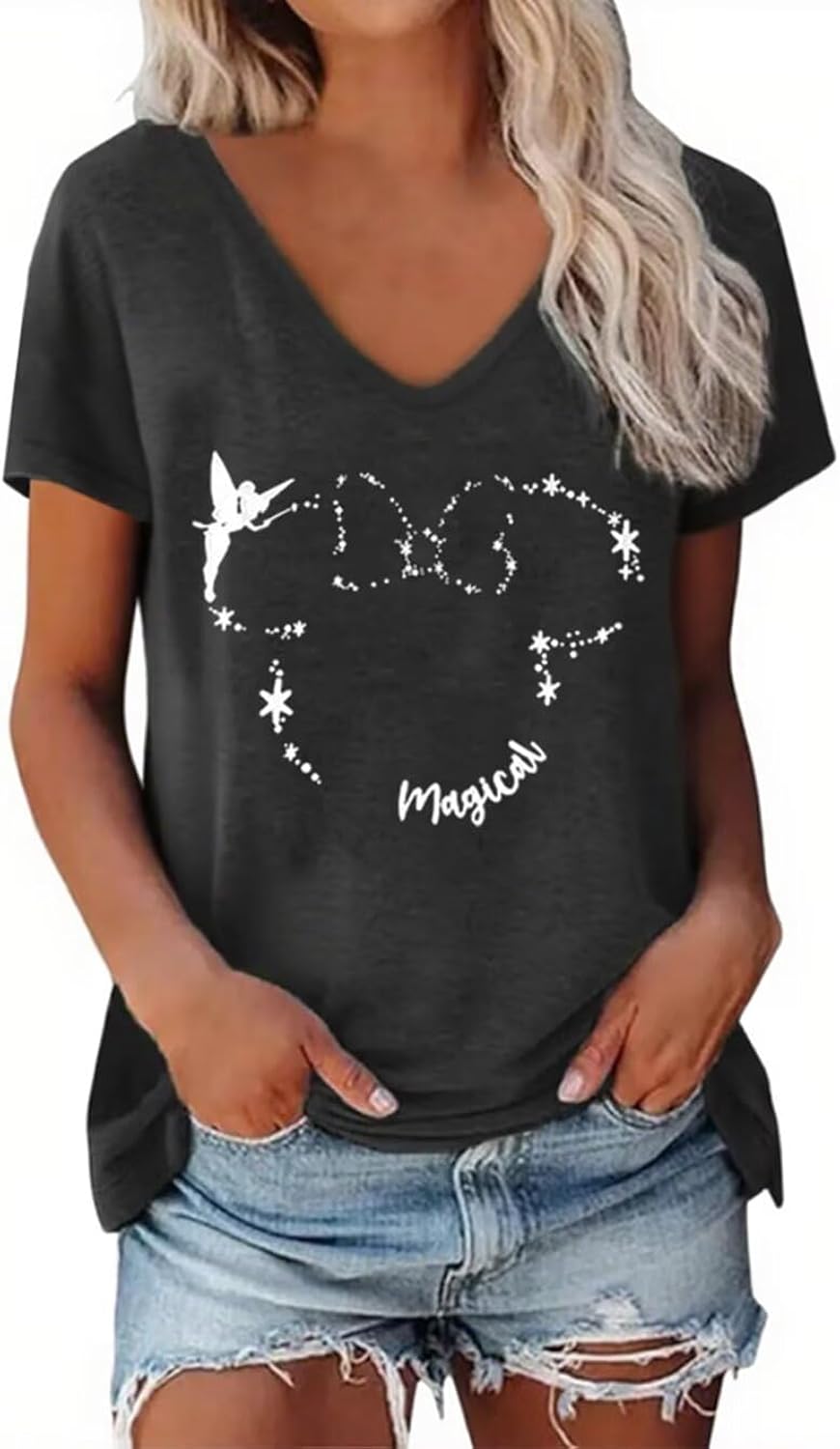 Magical T Shirt Women Believe in Magic Tees Cute Graphic Printed V Neck Tee Family Vacation Trip Short Sleeve Shirt Top