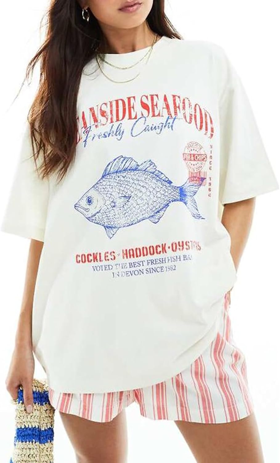 Women Cute Graphic Oversized Tees Fish Lobster Printed Y2K Baggy T Shirts Teen Girls Preppy Vintage Aesthetic Summer Tops