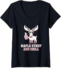 Women's Moose Lover Maple Syrup and Chill Canadian V-Neck T-Shirt